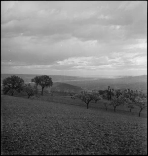 Looking down Sangro River Valley, NZ Sector, showing Mt Marone, Italy, World War II - Photograph taken by George Kaye
