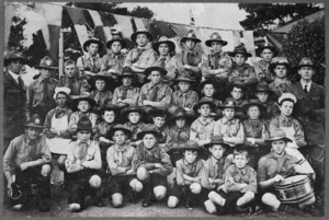 Group portrait of 1st Kelburn Scout Troop at opening of clubrooms