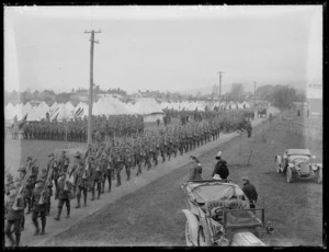 Military camp, Christchurch, and marching troops