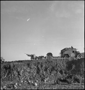 Tractor and a 25 pounder moving forward to Sangro River Front, Italy, World War II - Photograph taken by George Kaye