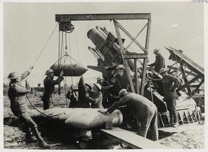 Royal Marine Artillery loading a 15 inch howitzer near Menin Road, Ypres sector, Belgium, during World War I