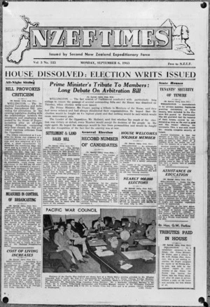 Facsimile of the NZEF Times front page, dated Monday, September 6, 1943