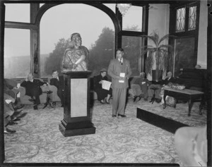 Pei te Hurinui Jones speaking at the unveiling of a bust of Te Heuheu Tukino IV, Chateau Tongariro, Mount Ruapehu