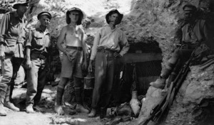 Unidentified Australian troops outside the tunnel entrance to trenches at Popes Post, Gallipoli, Turkey
