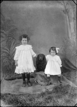 Outdoors in front of a false backdrop, an unidentified family portrait of two young sisters standing on sacking in lace dresses with large collars, with a black Cocker Spaniel dog, probably Christchurch region