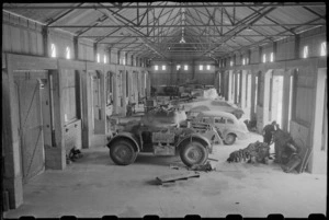 Interior of the tank hangar at the NZ Armoured Training School, Maadi, Egypt - Photograph taken by George Bull