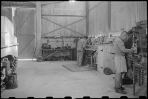 Repair section of the tank hangar at NZ Armoured Training School, Maadi, Egypt - Photograph taken by George Bull