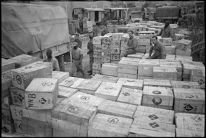 New Zealand Patriotic Fund parcels unloaded at the Italian front, World War II - Photograph taken by George Kaye