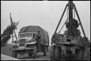 Tyre chains a necessity to enable heavy vehicles of NZ Divison to negotiate muddy roads on the Italian Front, World War II - Photograph taken by George Kaye