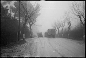 NZ Divison transport moving forward on the Italian Front in bad weather conditions, World War II - Photograph taken by George Kaye