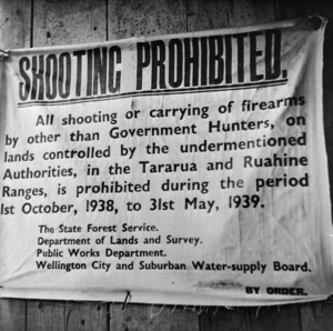 John Dobree Pascoe, 1908-1972 : Sign prohibiting shooting in the Tararua and Ruahine Ranges