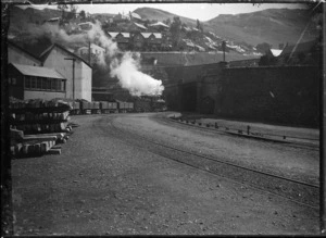 Goods train leaving Lyttelton; Class T locomotive, ca 1904