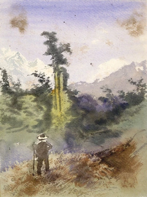 Hodgkins, William Mathew, 1833-1898 :[Mountains and] tree, Lake Wakatipu. [1860-1895].