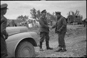 New Commander of 8th Army, General Sir Oliver Leese, shaking hands with General Bernard Freyberg on the Italian Front, World War II - Photograph taken by George Kaye
