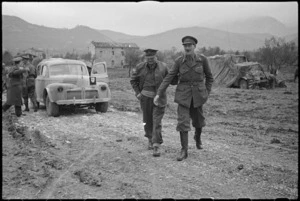 Commander 8th Army General Sir Oliver Leese with General Bernard Freyberg during visit to NZ Division HQ, Italian Front, World War II - Photograph taken by George Kaye