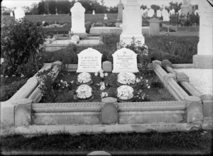 Graves and headstones of Lieutenant H E Voyce and Thomas George Voyce, includes flowers on grave plot, Sydenham cemetery, Christchurch