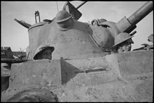 T M Alexander and A F Hare in the forward compartment of a Sherman tank, Italian Front, World War II - Photograph taken by George Kaye