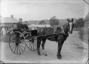 Outdoors portrait of an unidentified elderly man and boy [grandson?] with cloth caps and a rug over their legs sitting in a two wheeled horse drawn buggy, taken on a dirt driveway with wooden rural house beyond, probably Christchurch region