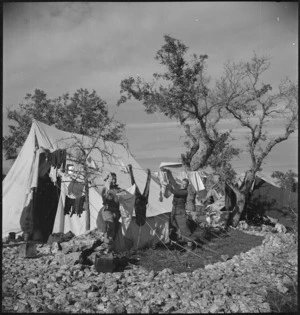 Washing day in the lines of the New Zealand Advance Base Camp in Italy, World War II - Photograph taken by M D Elias