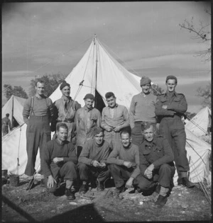 Group of men quartered at the New Zealand Advance Base Camp in Italy, World War II - Photograph taken by M D Elias