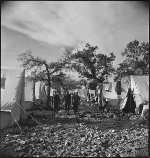 Tents and broken rock pathways at the New Zealand Advance Base Camp in Italy, World War II - Photograph taken by M D Elias