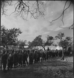 Mess queue at the New Zealand Advance Base Camp in Italy, World War II - Photograph taken by M D Elias