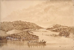 [Williams, John] d 1905 :View of the landing of the troops under Major Bridge to attack the pah of the Waikadi tribe, on the morning of 16th May 1845