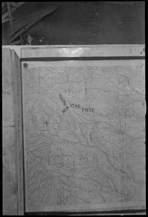 Photograph of map with 'Happy New Year Fritz' marked on the Orsogna Sector in Italy