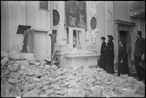 Priests inspect war damaged church in Ortona, Italy, World War II - Photograph taken by George Kaye