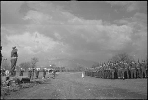 General Freyberg takes salute at march past of 6 NZ Infantry Brigade in the Volturno Valley, Italy, World War II - Photograph taken by George Kaye