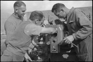 New Zealand Artillery gunners carry out maintenance in the Volturno Valley area, Italy, World War II - Photograph taken by George Kaye