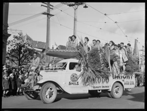 Waka float during a parade in Christchurch for the coronation of King George VI