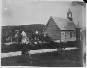 Creator unknown :Photograph of the undenominational chapel, Pauatahanui, Porirua, Wellington, with graveyard