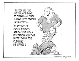Tremain, Garrick 1941-:'I reakon it's the individuals right to travel an' they should keep politics outa sport...' Otago Daily Times. 10 August, 1989.