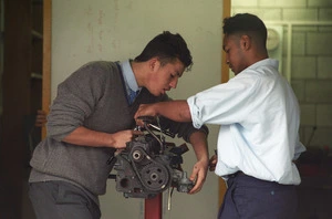 Students at St Patrick's College, Wellington, during an automotive course - Photograph taken by Craig Simcox