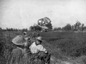 Gardener, P A, fl 1945 : Scene in the Idice River region, Italy, with U S Thunderbolts bombing Tiger tanks in the background