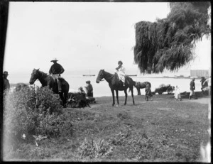 Group with horses, by the coast, Kawhia district