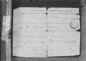 Telegram sent to Bertram Ogilvie by Arthur Pickard Hawkins