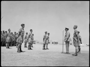 General Freyberg at microphone addressing Divisional Signals at the handing over of command by Colonel Agar to Major Grant, Maadi - Photograph taken by G F Kaye