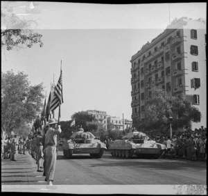 Tanks pass the saluting base in United Nations Day Parade, Cairo - Photograph taken by M D Elias