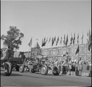 NZ anti aircraft unit passes dais with General Wilson taking the salute at United Nations Day Parade, Cairo - Photograph taken by M D Elias