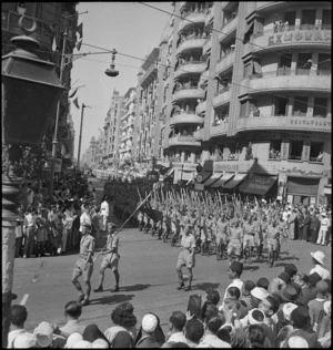 NZ infantry marching through the streets of Cairo in the United Nations Day Parade, World War II - Photograph taken by M D Elias