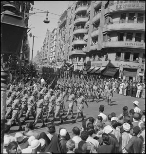 Section of Maori troops swing past during the United Nations Day Parade, Cairo - Photograph taken by M D Elias