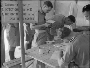 New Zealand soldiers registering as blood donors at a Field Ambulance Unit, Maadi Camp, World War II - Photograph taken by G Bull