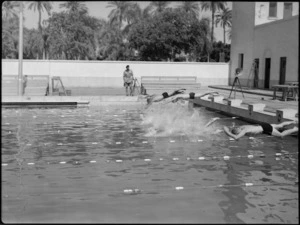 Start of heat in 50 metres free style at 19 NZ Armoured Regiment swimming sports, Cairo - Photograph taken by G Kaye