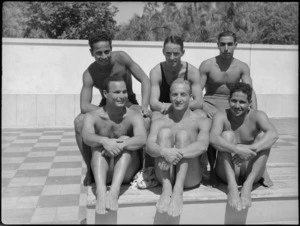 Exhibition diving team at 19 NZ Armoured Regiment swimming sports, Cairo - Photograph taken by G Kaye