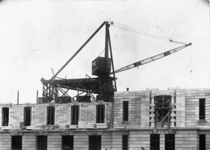 Construction of Parliament Buildings, Wellington, and crane