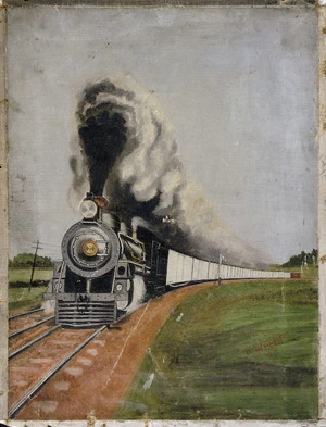 Stewart, William Walter, 1898-1976 :[Refrigerated goods train rounding a bend] 1917.
