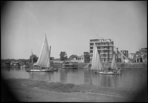 Two markhoubs on the Nile with houseboats on the further bank, Egypt - Photograph taken by George Kaye