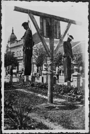 Captured German film showing two hanged men, possibly in Belgrade, World War II